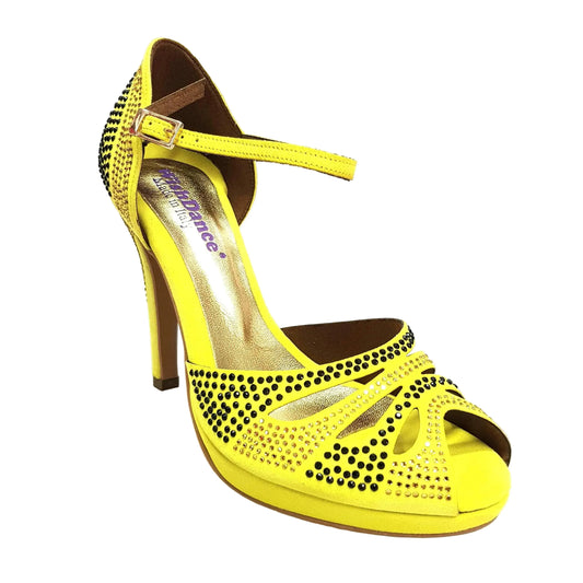 Scarpa da ballo Alexa Wish Dance Shop in camoscio giallo con Swarovski, tacco alto a spillo largo e suola piatta.