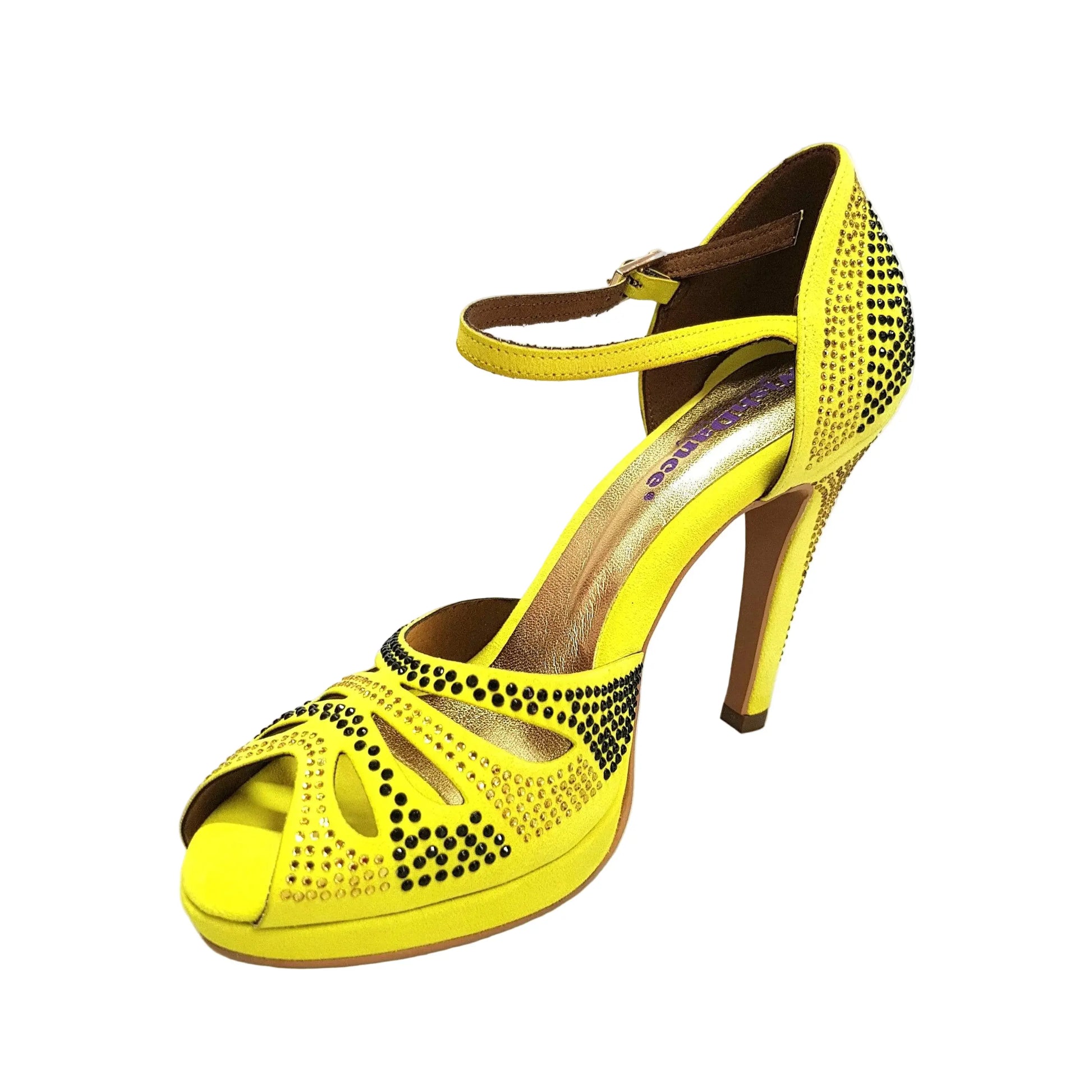 Scarpa da ballo Wish Dance Shop Alexa in camoscio giallo con Swarovski, tacco alto a spillo largo e suola in platò.