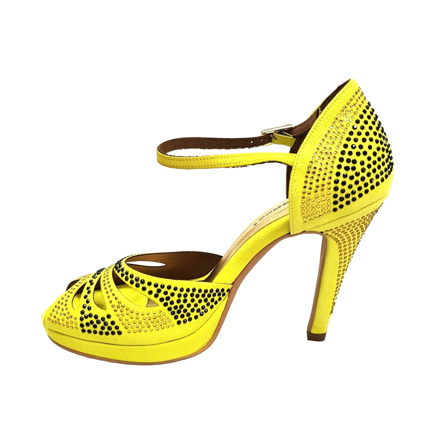 Scarpa da ballo Alexa Wish Dance Shop in camoscio giallo con Swarovski, tacco alto e confortevole, dettagli eleganti e moderni