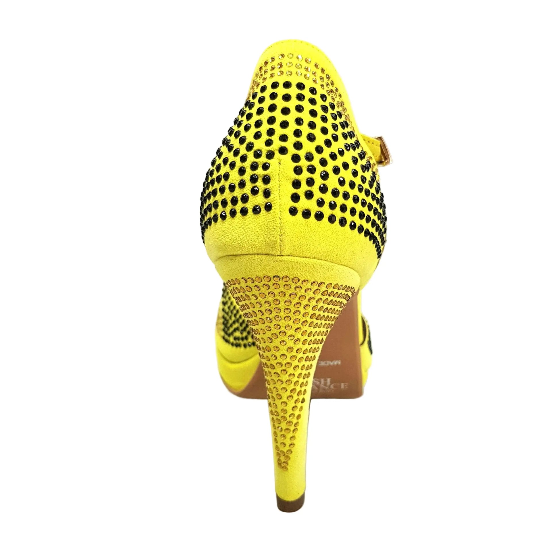 Scarpa da ballo Alexa Wish Dance Shop in camoscio giallo con Swarovski e tacco alto largo, suola piatta e design elegante