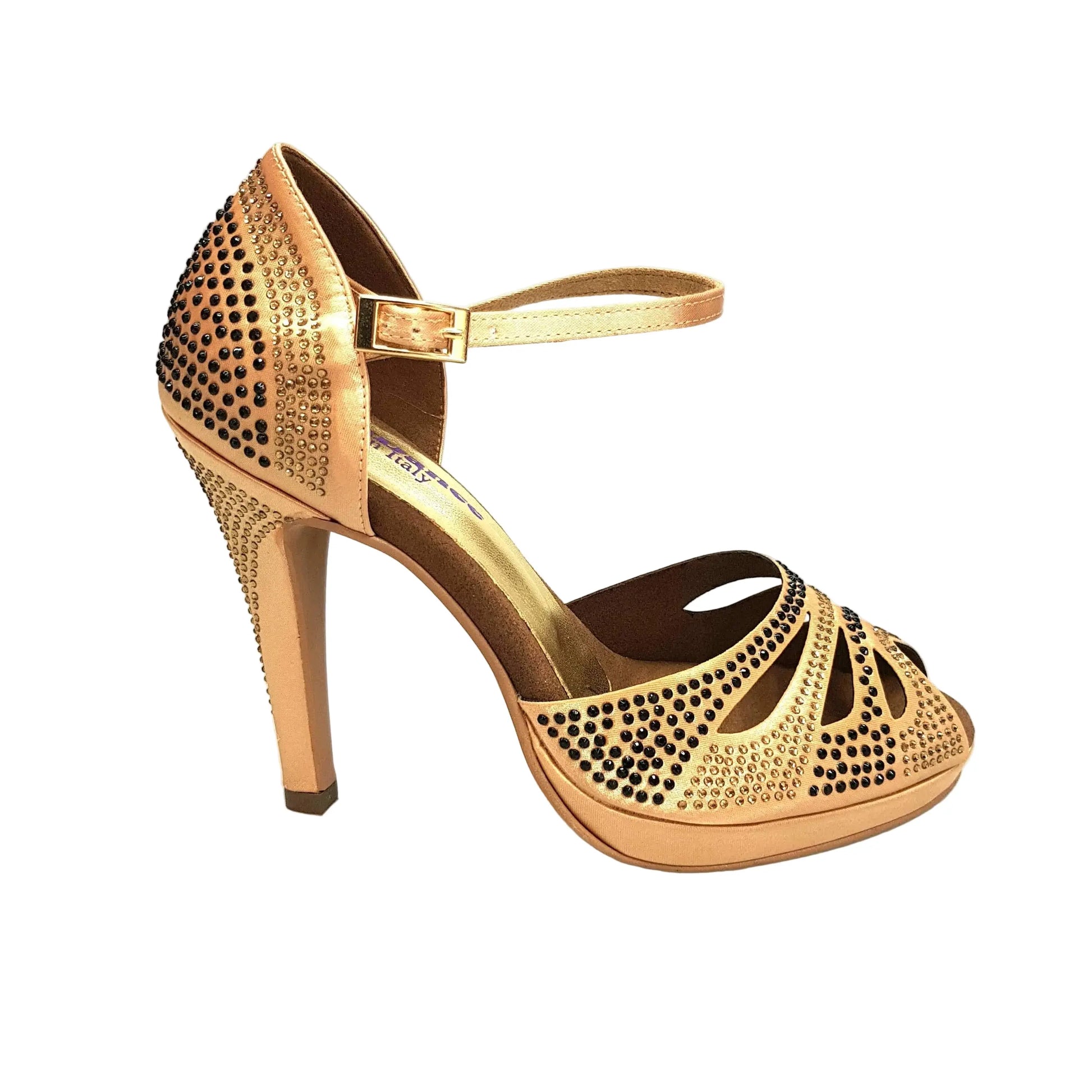 Scarpa da ballo Alexa Wish Dance Shop in raso carne con Swarovski champagne e neri, tacco alto, spillo largo e plateau confortevole