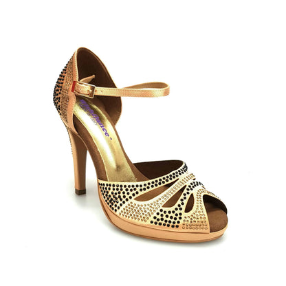 Scarpa da ballo Alexa Wish Dance Shop in raso carne con Swarovski champagne e neri, tacco alto, spillo largo e plateau comodo