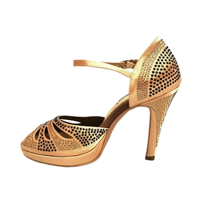 Scarpa da ballo Wish Dance Shop Alexa in raso carne con Swarovski champagne e neri, tacco alto e suola larga, comfort flex.