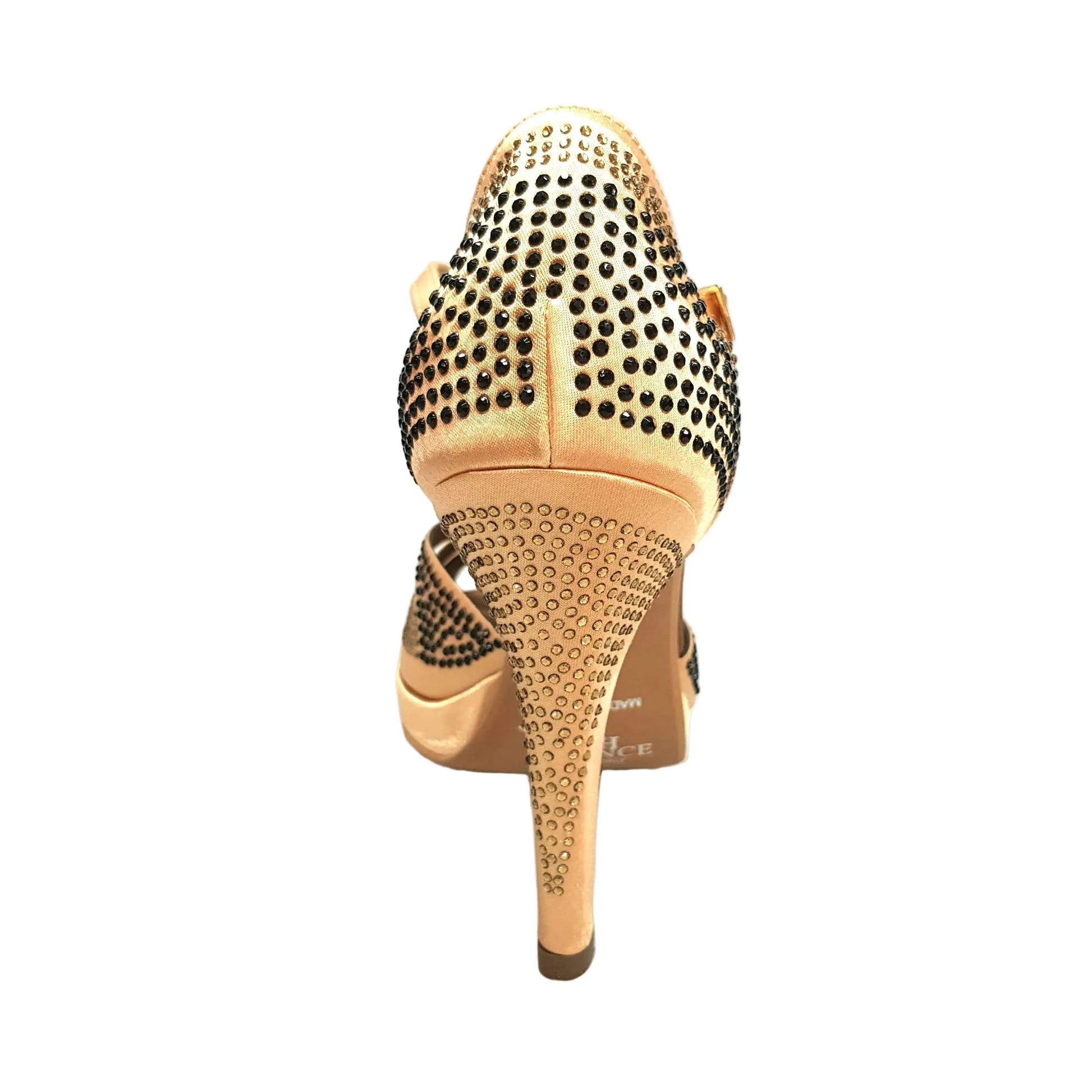 Scarpa da ballo Alexa Wish Dance Shop in raso carne con Swarovski champagne e neri, tacco alto, spillo largo e plateau comodo.