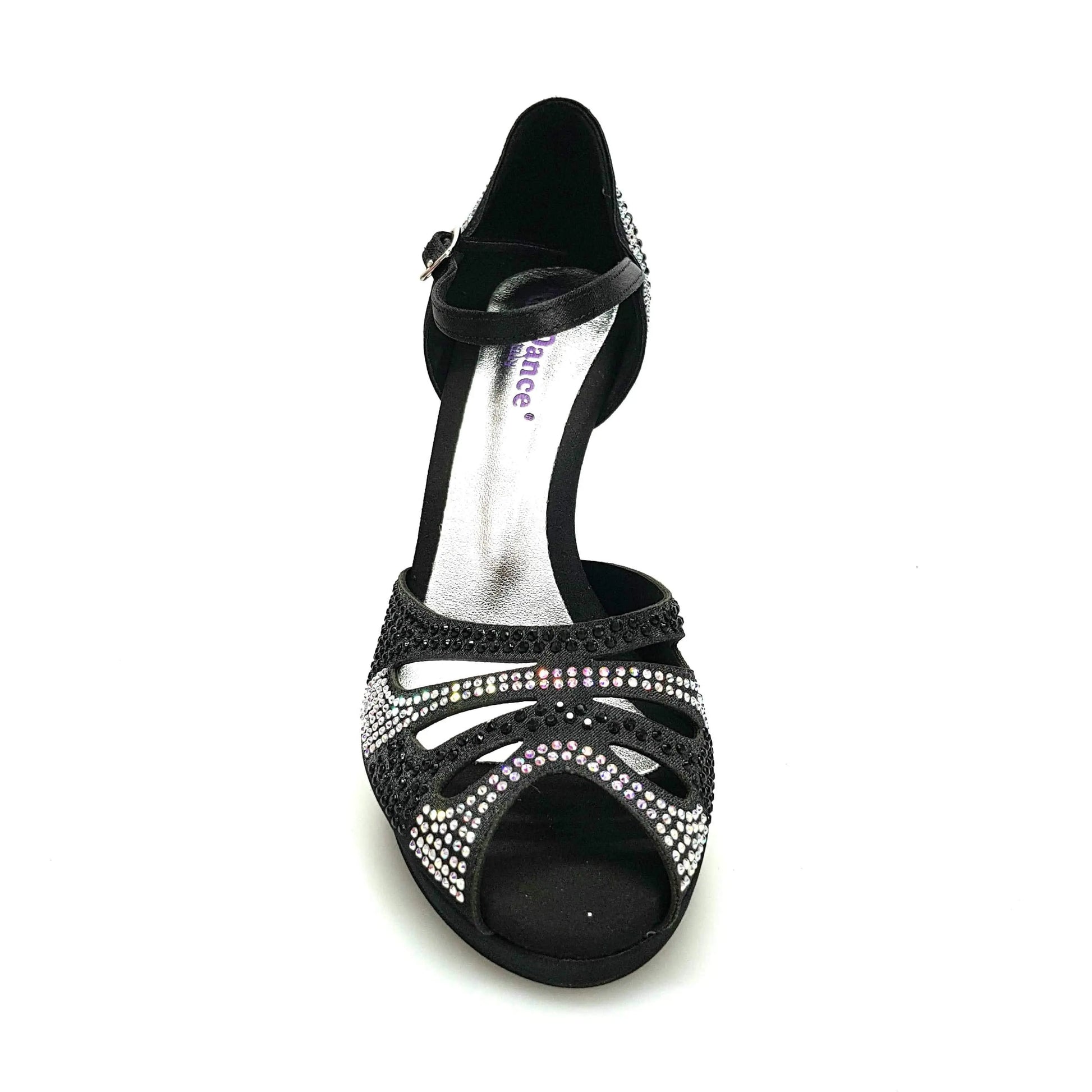 Scarpa da ballo Alexa Wish Dance Shop in raso nero con Swarovski Boreali, tacco alto e plateau flessibile.