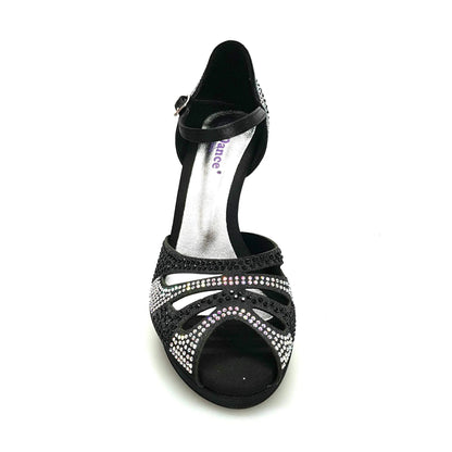 Scarpa da ballo Alexa Wish Dance Shop in raso nero con Swarovski Boreali, tacco alto e plateau flessibile.