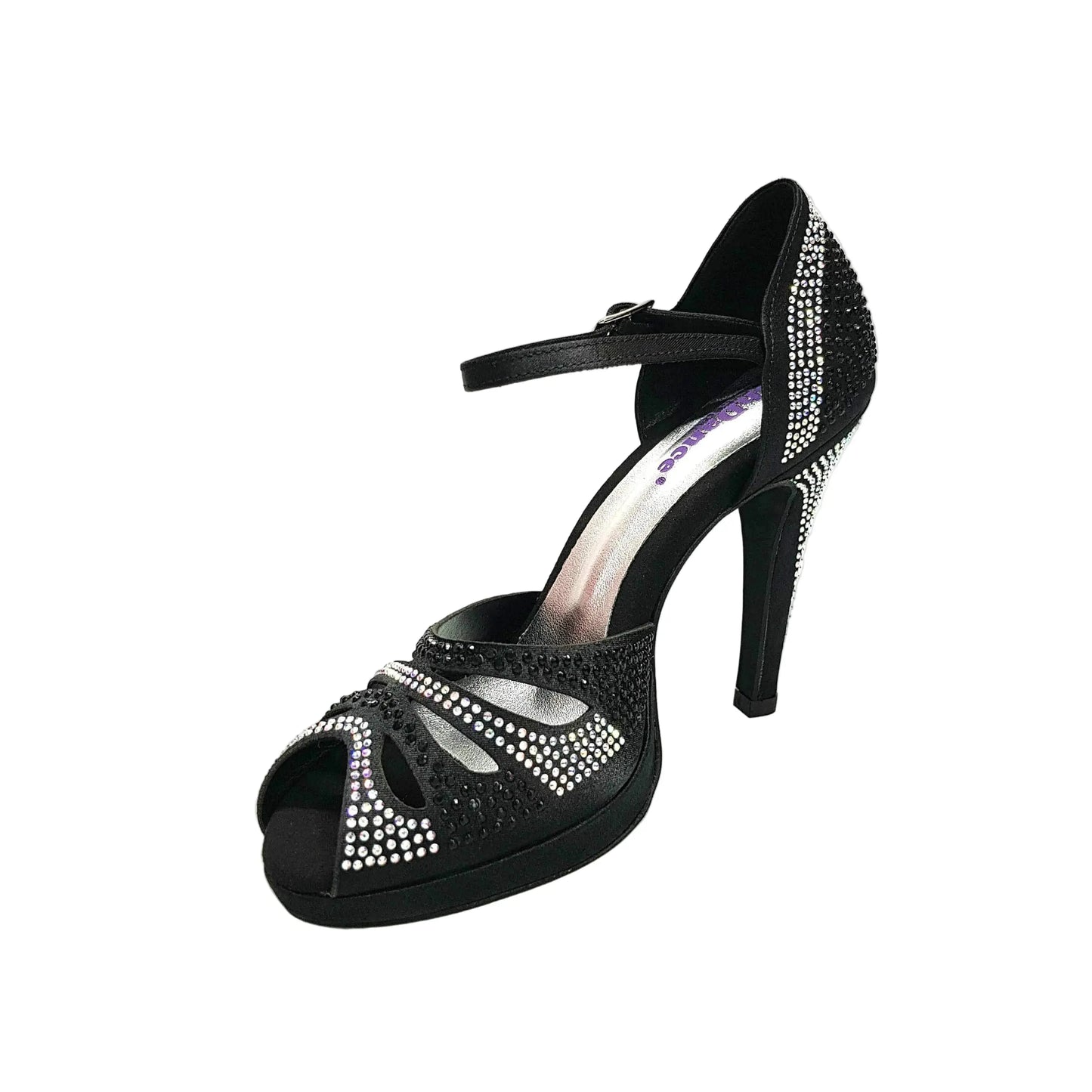 Scarpa da ballo Alexa in raso nero con Swarovski, tacco alto largo e plateau flessibile, marca Wish Dance Shop.