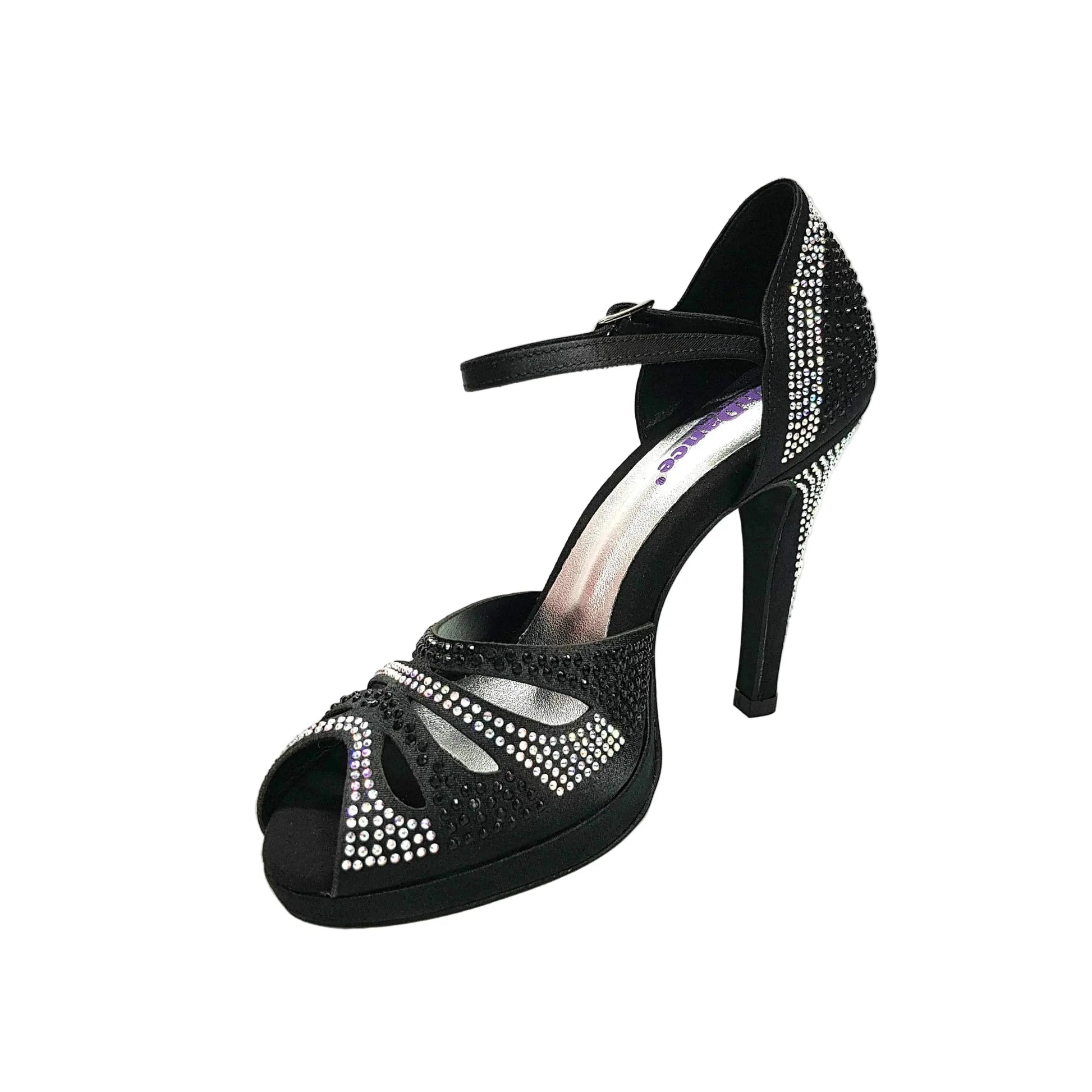 Scarpa da ballo Alexa in raso nero con Swarovski, tacco alto largo e plateau flessibile, marca Wish Dance Shop.