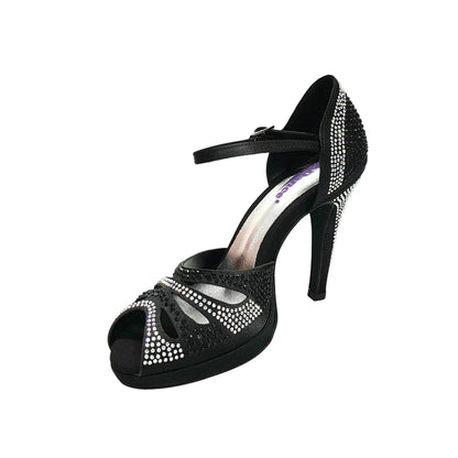 Scarpa da ballo Alexa in raso nero con Swarovski, tacco alto largo e plateau flessibile, marca Wish Dance Shop.
