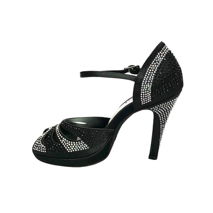 Scarpa da ballo Alexa in raso di seta nero con Swarovski Boreali, tacco alto largo e plateau flessibile, brand Wish Dance Shop.