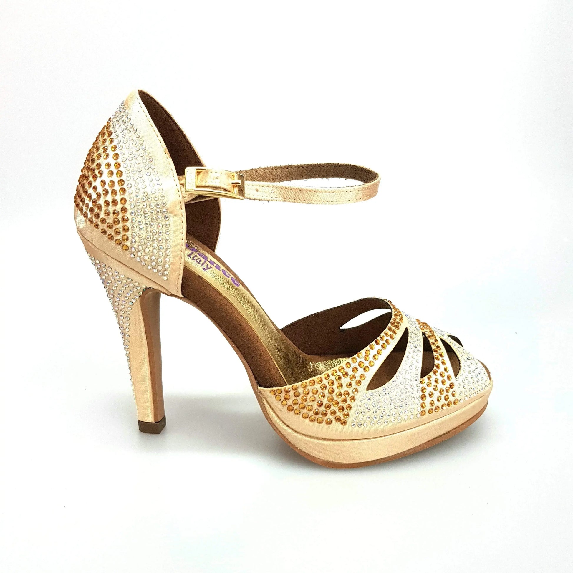 Scarpa da ballo Alexa di Wish Dance Shop in raso oro con Swarovski, tacco alto a spillo largo e plateau elegante