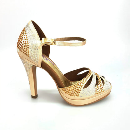 Scarpa da ballo Alexa di Wish Dance Shop in raso oro con Swarovski, tacco alto a spillo largo e plateau elegante