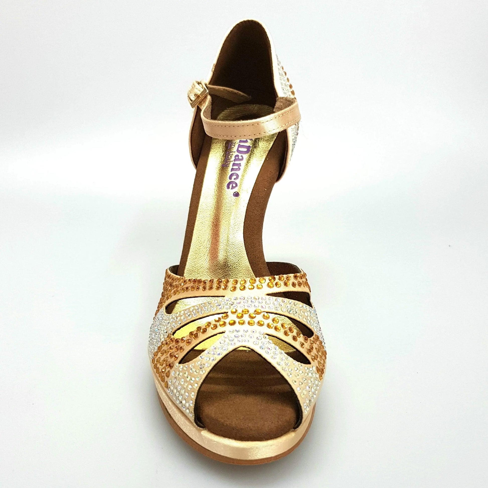 Scarpa da ballo Alexa Wish Dance Shop in raso oro con Swarovski, tacco alto a spillo largo e plateau, elegante e raffinata
