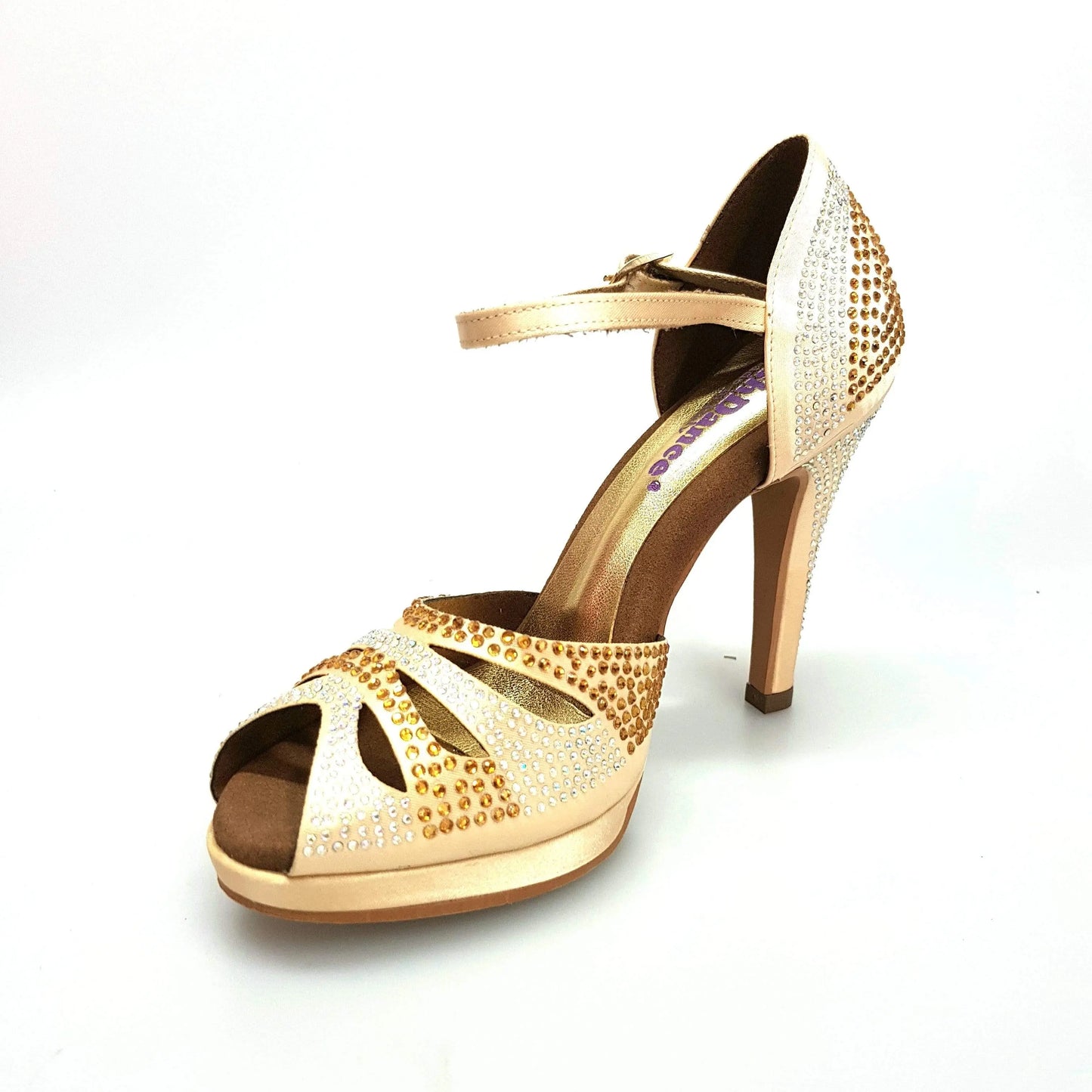 Scarpa da ballo in raso oro Alexa di Wish Dance Shop con Swarovski, tacco alto a spillo largo e plateau, elegante e brillante.