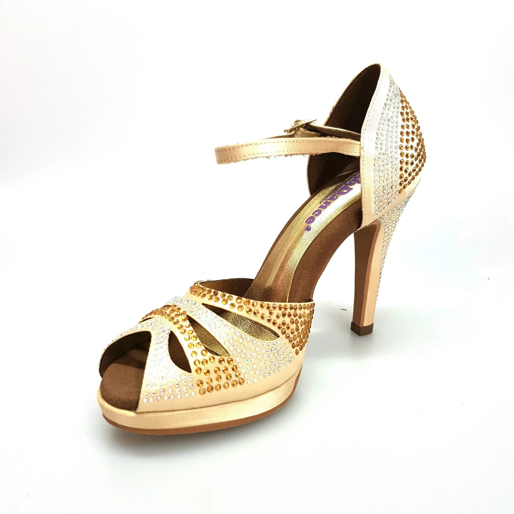 Scarpa da ballo in raso oro Alexa di Wish Dance Shop con Swarovski, tacco alto a spillo largo e plateau, elegante e brillante.