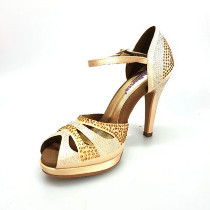 Scarpa da ballo in raso oro Alexa di Wish Dance Shop con Swarovski, tacco alto a spillo largo e plateau, elegante e brillante.