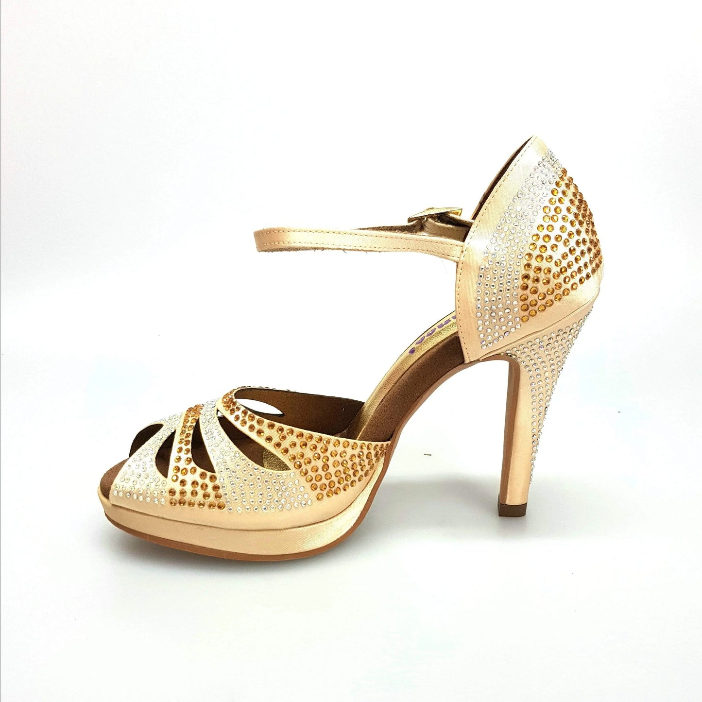Scarpa da ballo in raso oro Alexa con Swarovski, tacco alto a spillo largo e plateau, marca Wish Dance Shop.
