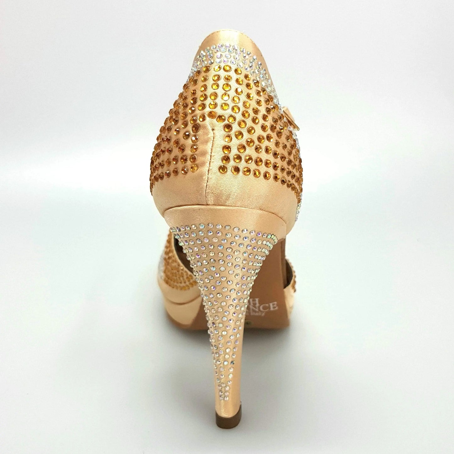Scarpa da ballo Alexa Wish Dance Shop in raso oro con Swarovski, tacco alto a spillo largo e plateau, elegante e lucente