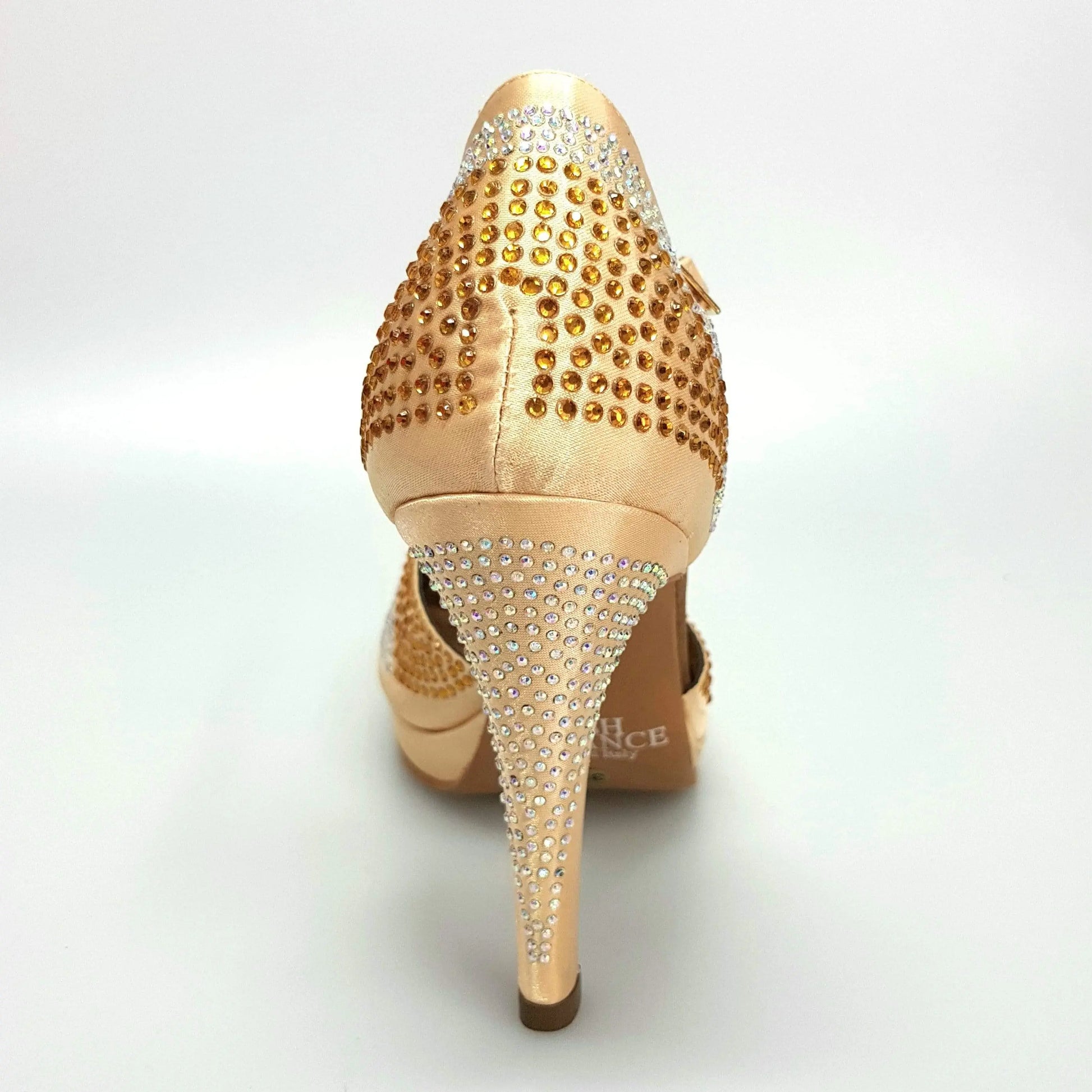 Scarpa da ballo Alexa Wish Dance Shop in raso oro con Swarovski, tacco alto a spillo largo e plateau, elegante e lucente