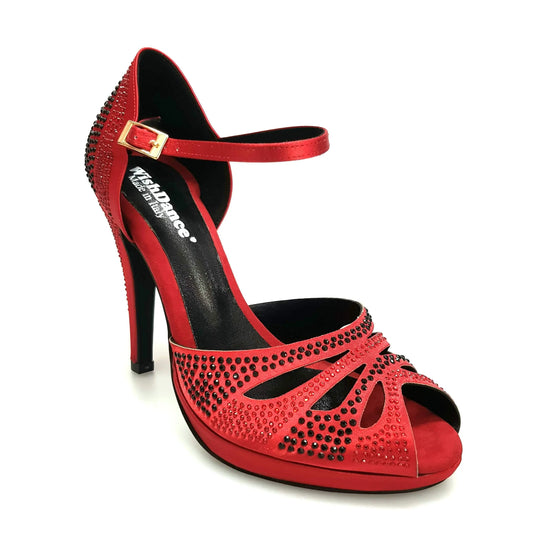 Scarpa da Ballo in Raso Rosso Con Swarovski Neri e Rossi Tacco Alto a Spillo Largo e Plateau Flex Alexa, vista laterale
