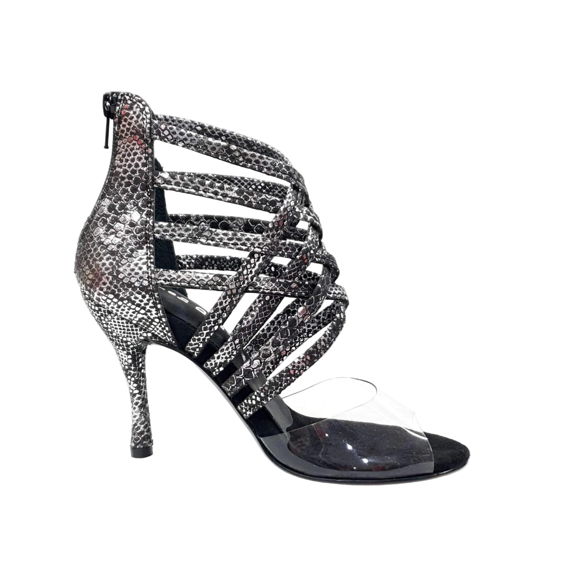 Sandalo donna Alice in camoscio pitone silver con tomaia in plexiglass morbido e tacco a spillo, scarpa elegante Wish Dance Shop