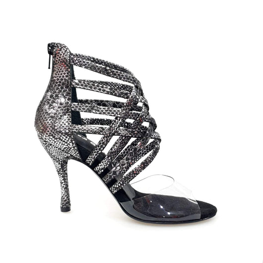 Alice (161) - Sandalo da Donna in Camoscio Laserato Pitone Silver con Tomaia Anteriore in Plexiglass morbido modellante e Tacco a Spillo