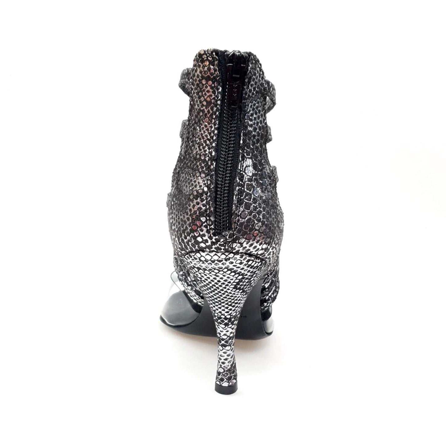 Sandalo da donna Alice in pitone silver con tomaia in plexiglass morbido e tacco a spillo, scarpa Wish Dance Shop.