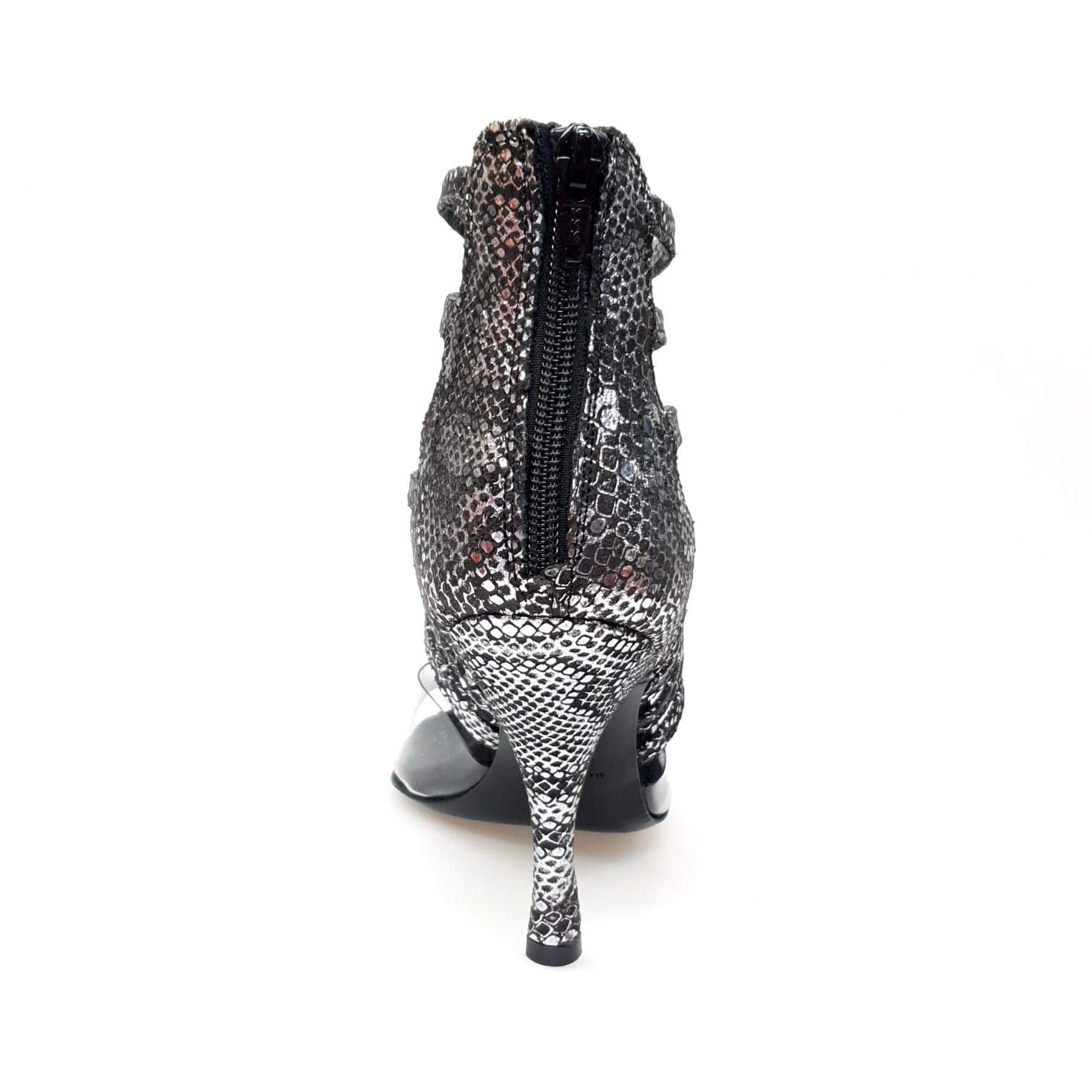 Sandalo da donna Alice in pitone silver con tomaia in plexiglass morbido e tacco a spillo, scarpa Wish Dance Shop.