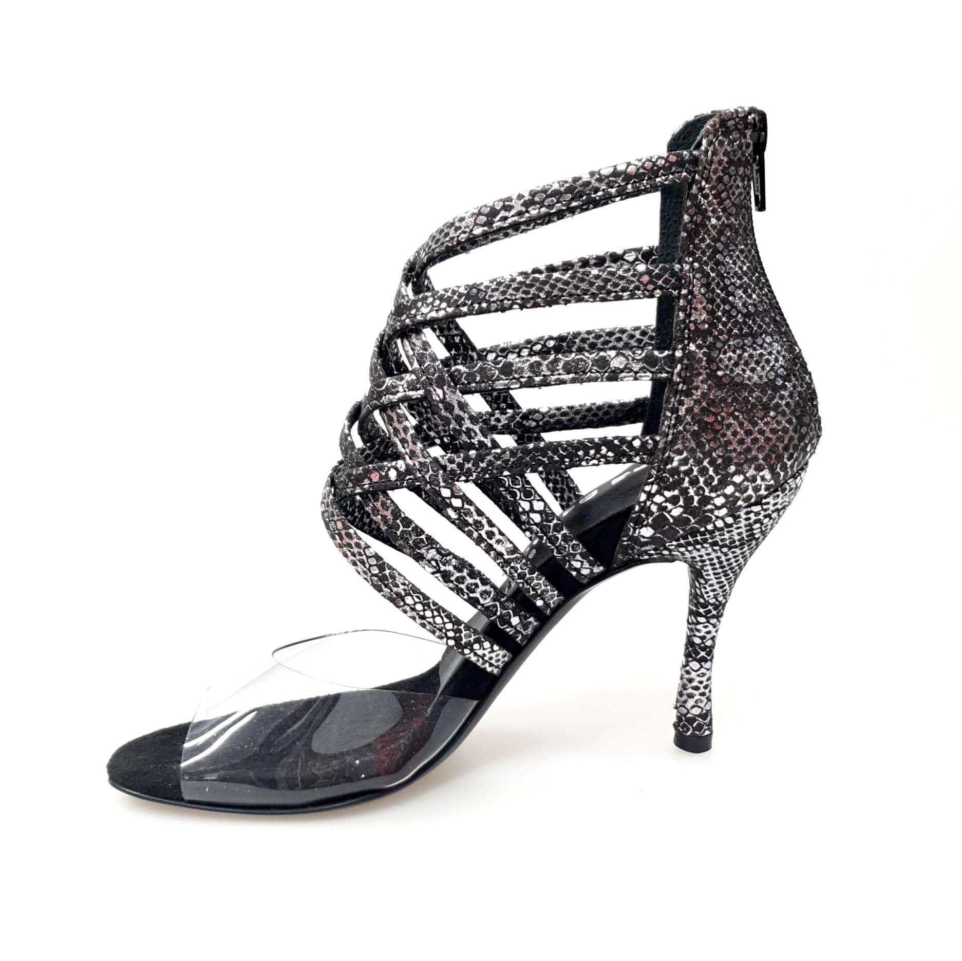 Sandalo da donna Alice in pitone silver con tomaia in plexiglass morbido e tacco a spillo, marca Wish Dance Shop.