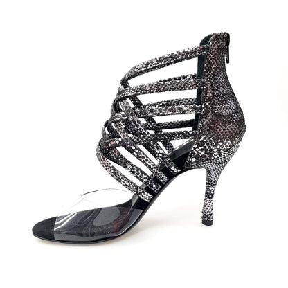 Sandalo da donna Alice in pitone silver con tomaia in plexiglass morbido e tacco a spillo, marca Wish Dance Shop.