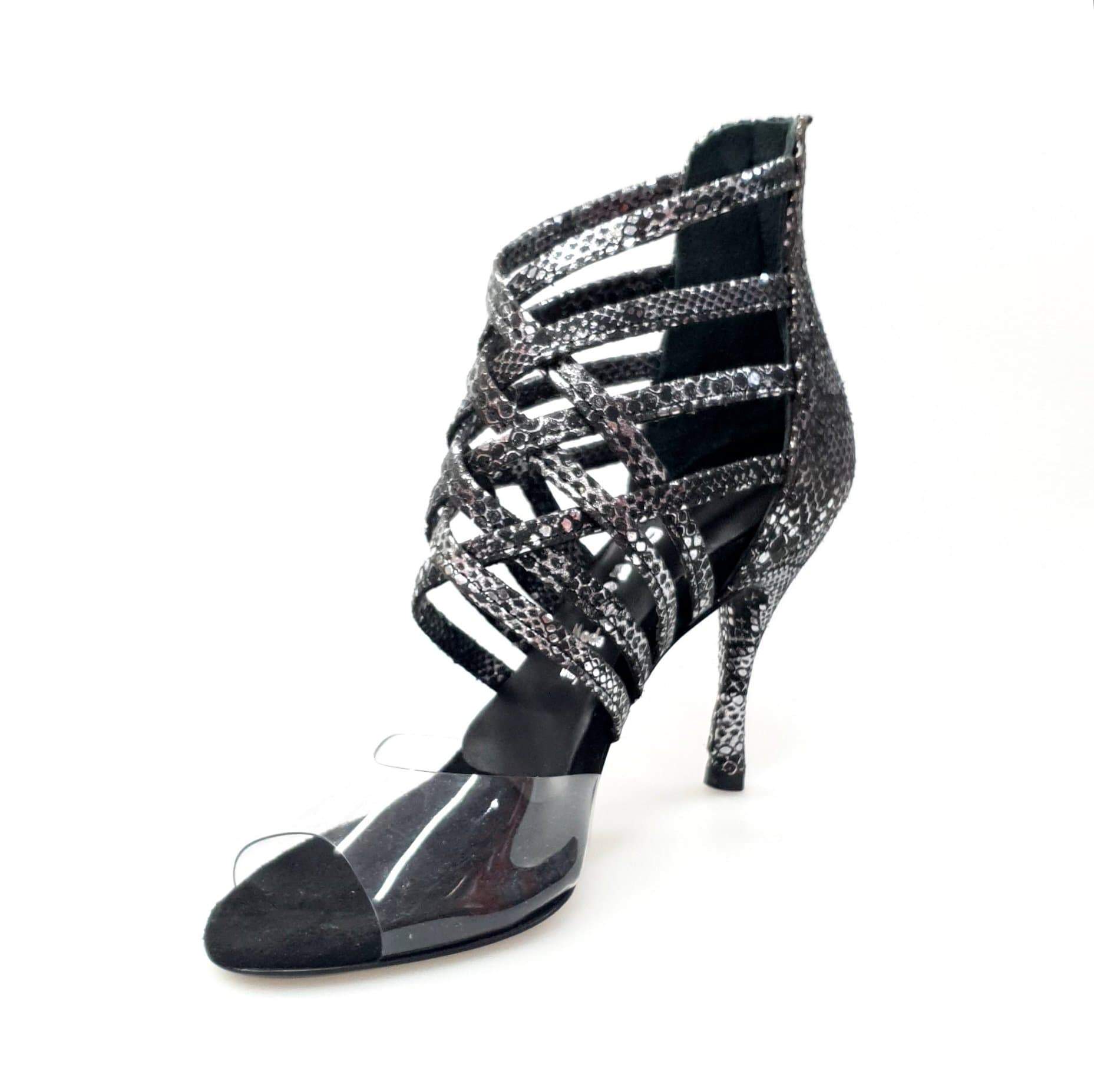Sandalo donna Alice in pitone silver con tomaia in plexiglass e tacco a spillo, scarpa elegante in camoscio laserato Wish Dance Shop