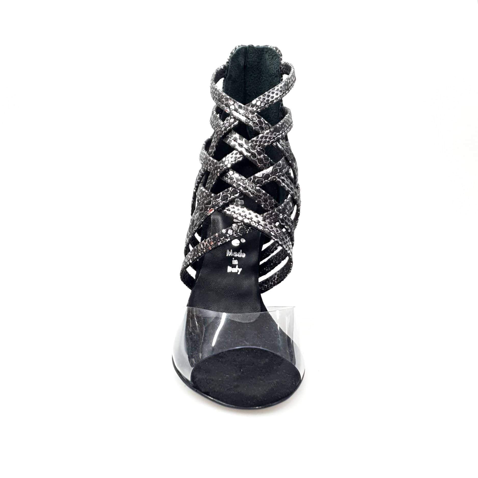 Sandalo donna Alice in camoscio pitone silver con tomaia in plexiglass morbido e tacco a spillo, scarpa Wish Dance Shop.
