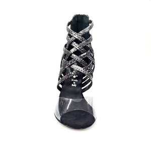 Alice - Woman's Sandal in Silver Python with Front Upper in Plexiglass and Slim Heel