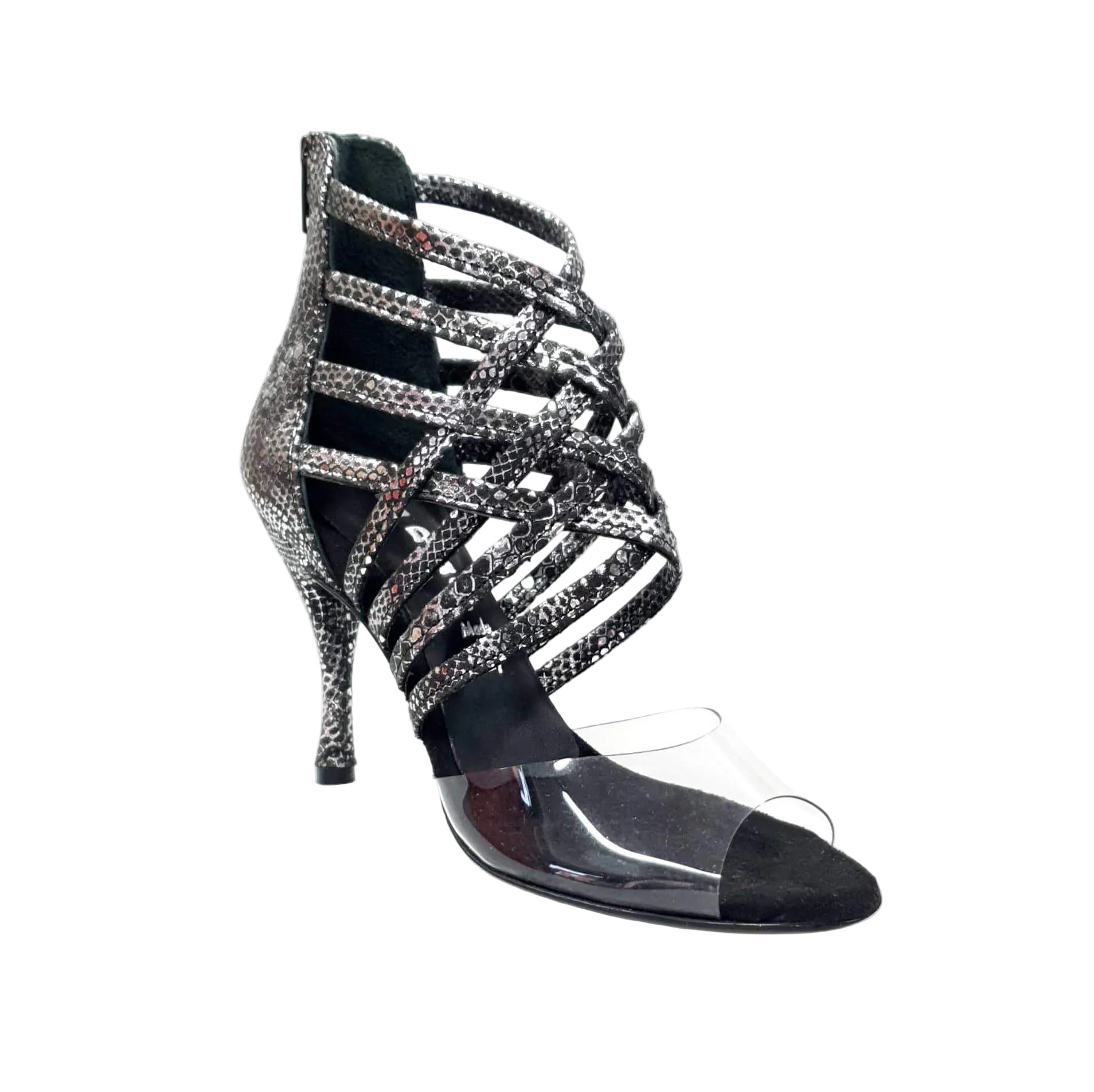 Sandalo donna Alice in pitone silver con tomaia in plexiglass e tacco a spillo, scarpa Wish Dance Shop, stile elegante e moderno