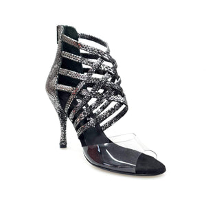 Alice (161) - Sandalo da Donna in Camoscio Laserato Pitone Silver con Tomaia Anteriore in Plexiglass morbido modellante e Tacco a Spillo