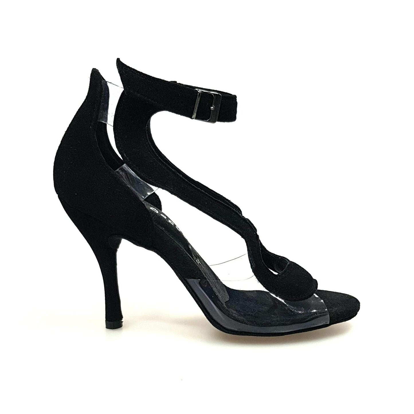 Sandalo donna Angela in camoscio nero con parti in plexiglass e tacco a spillo, scarpa elegante Wish Dance Shop