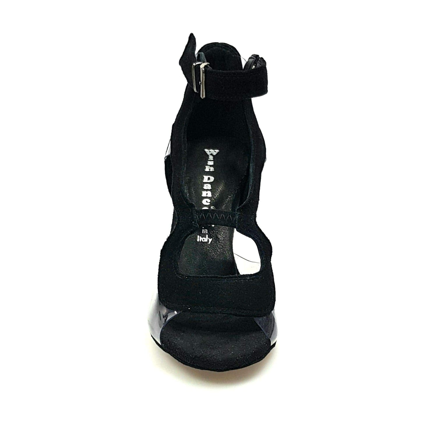 Sandalo donna Angela in camoscio nero con dettagli in plexiglass e tacco a spillo, scarpa elegante Wish Dance Shop