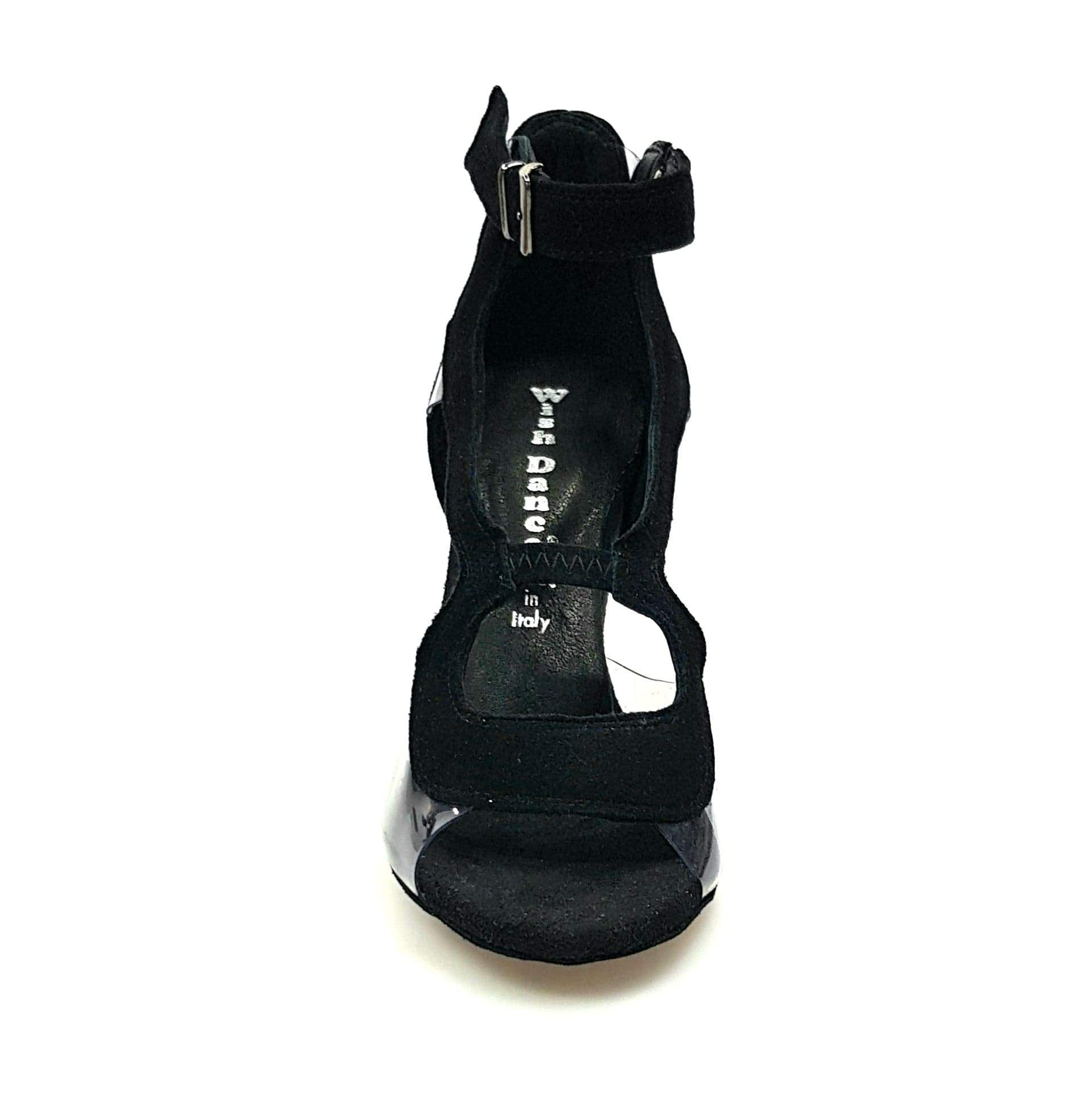 Sandalo donna Angela in camoscio nero con dettagli in plexiglass e tacco a spillo, scarpa elegante Wish Dance Shop