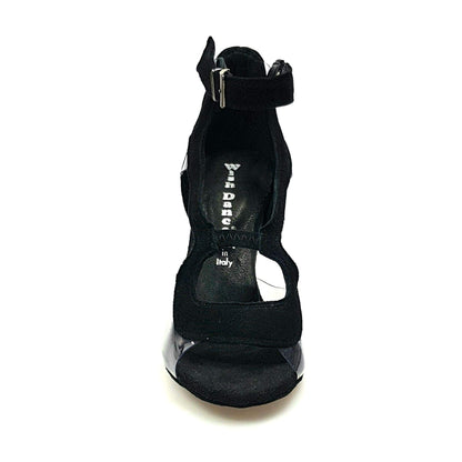 Sandalo donna Angela in camoscio nero con dettagli in plexiglass e tacco a spillo, scarpa elegante Wish Dance Shop