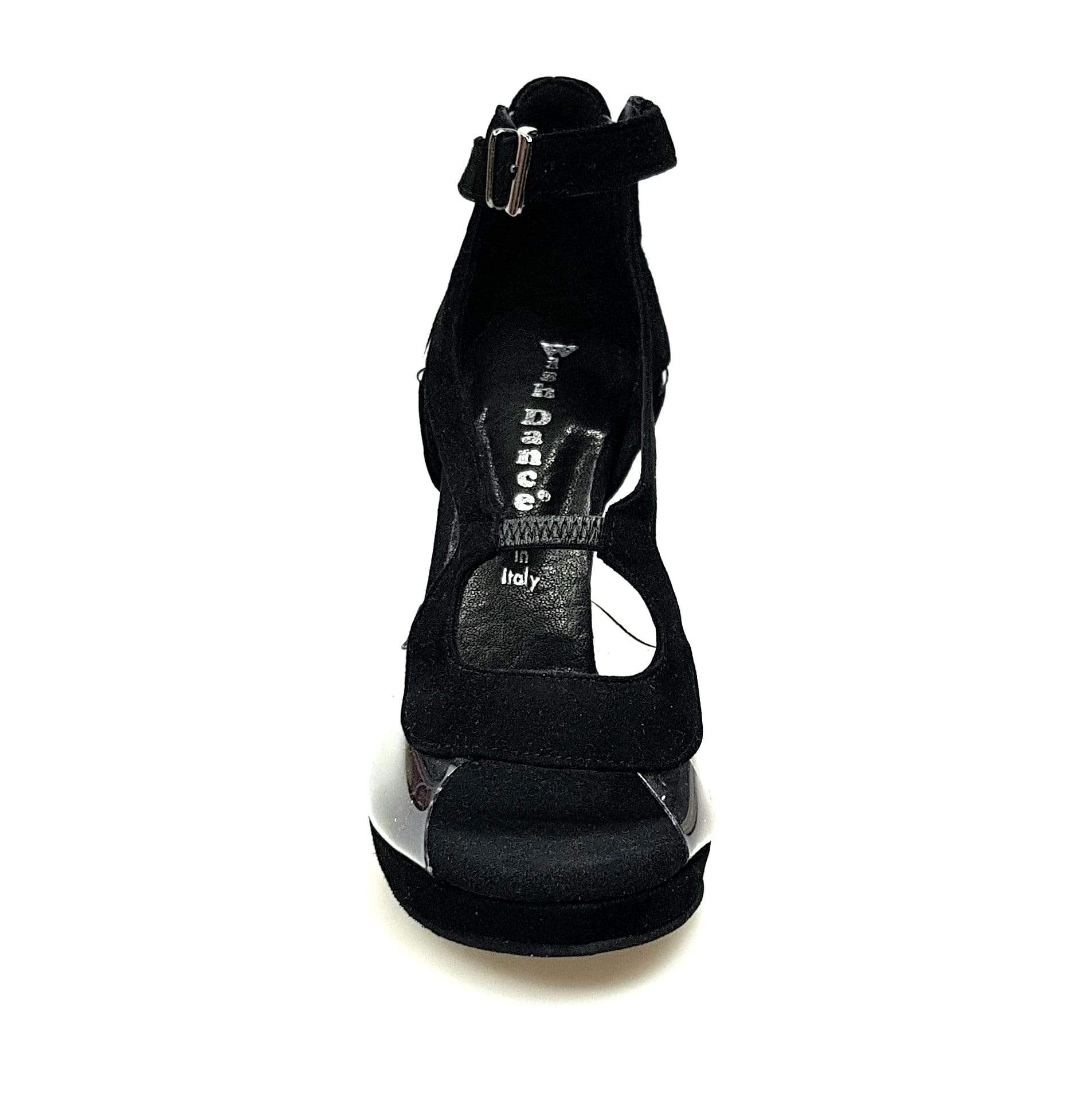 Sandalo Angela PLT da donna in camoscio nero con parti in plexiglass, plateau e tacco alto a spillo largo, scarpa Wish Dance Shop