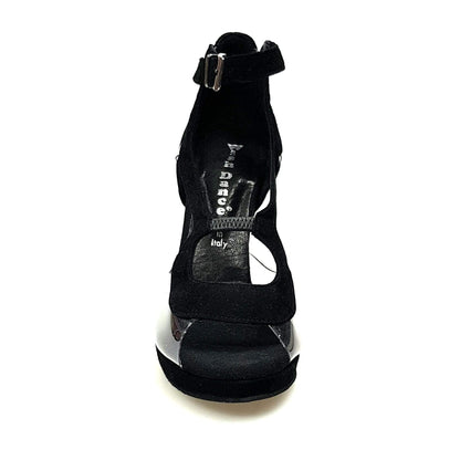 Sandalo Angela PLT da donna in camoscio nero con parti in plexiglass, plateau e tacco alto a spillo largo, scarpa Wish Dance Shop
