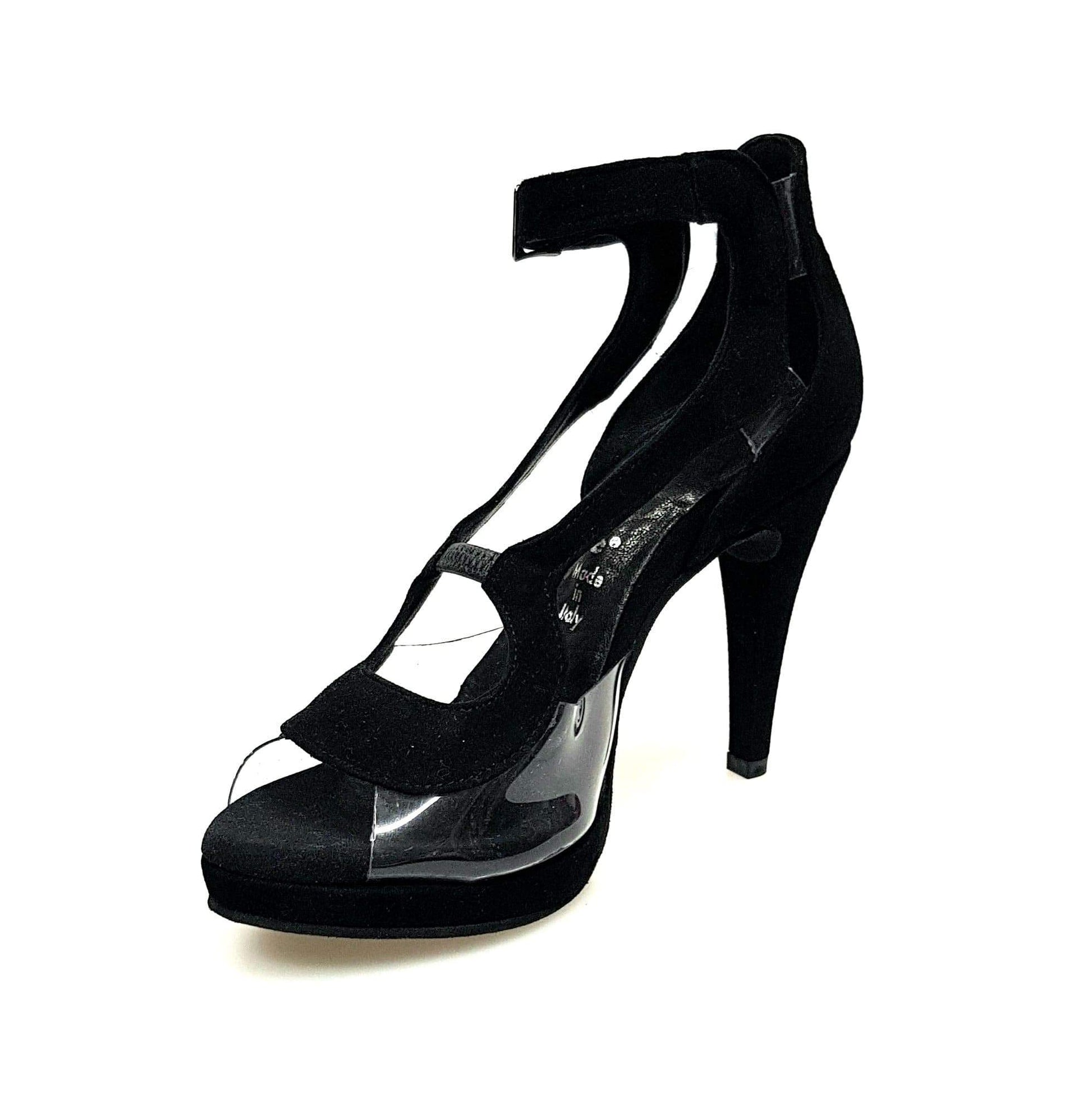 Sandalo Angela PLT da donna in camoscio nero con parti in plexiglass, plateau con comfort flex e tacco alto a spillo largo.