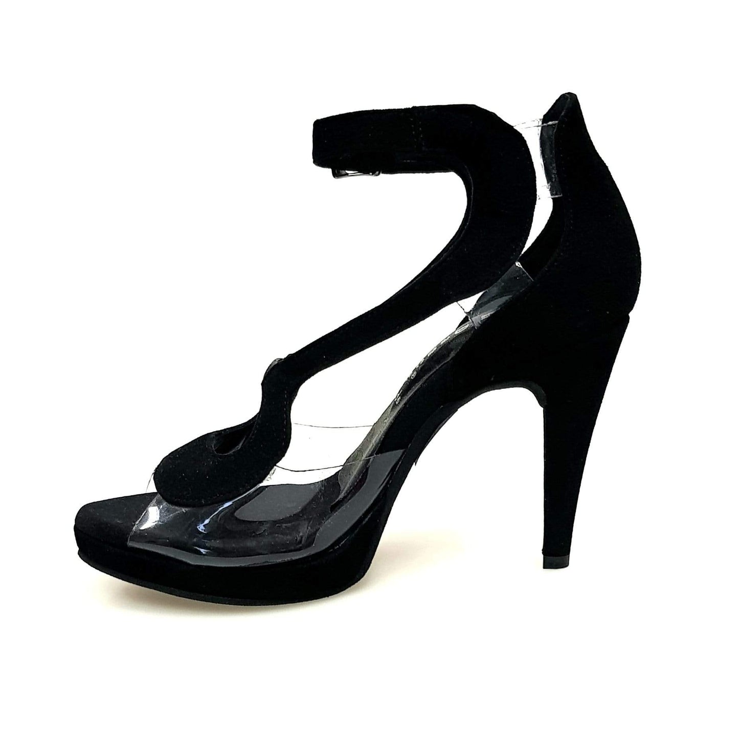 Sandalo donna Angela PLT in camoscio nero con parti in plexiglass, plateau e tacco alto a spillo largo, scarpa elegante Wish Dance Shop