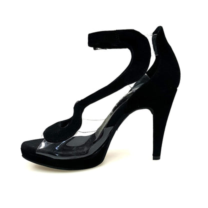 Sandalo donna Angela PLT in camoscio nero con parti in plexiglass, plateau e tacco alto a spillo largo, scarpa elegante Wish Dance Shop