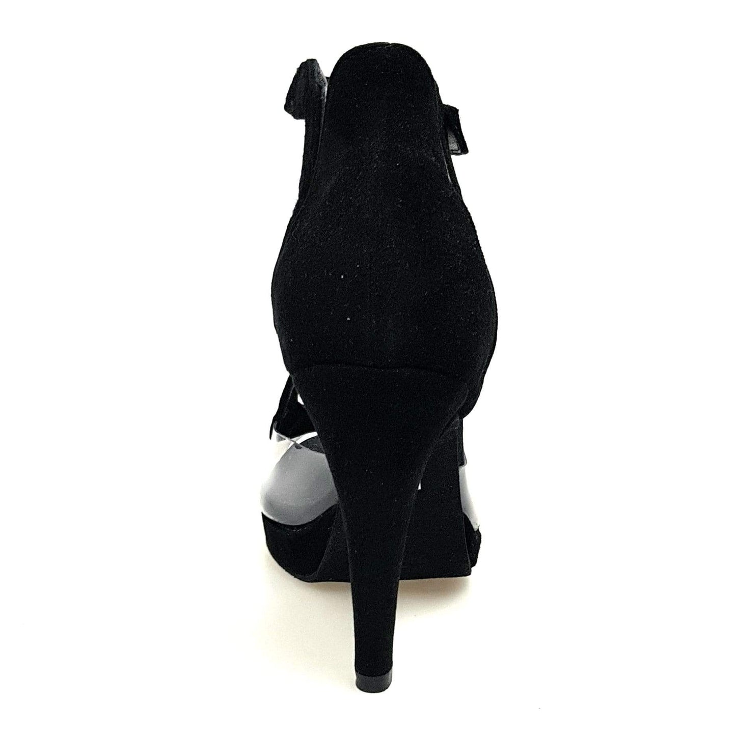 Scarpa Angela PLT da donna in camoscio nero con parti in plexiglass, plateau confortevole e tacco alto a spillo largo.