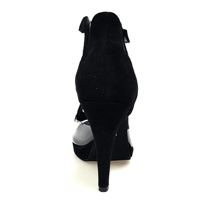 Scarpa Angela PLT da donna in camoscio nero con parti in plexiglass, plateau confortevole e tacco alto a spillo largo.