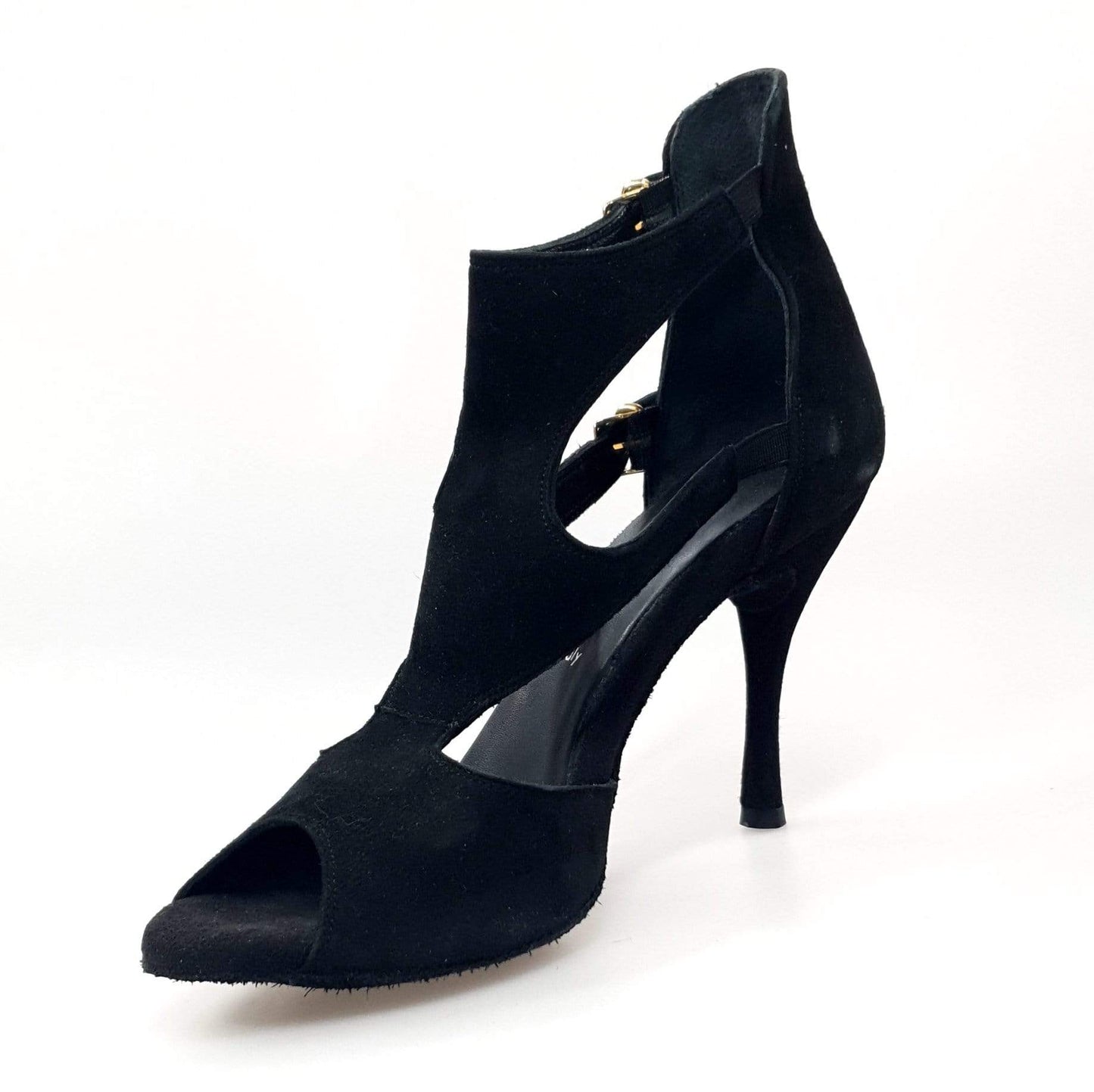 Sandalo da donna Anna in camoscio nero, scarpa Wish Dance Shop, con cinturino e suola piatta, elegante e comodo.