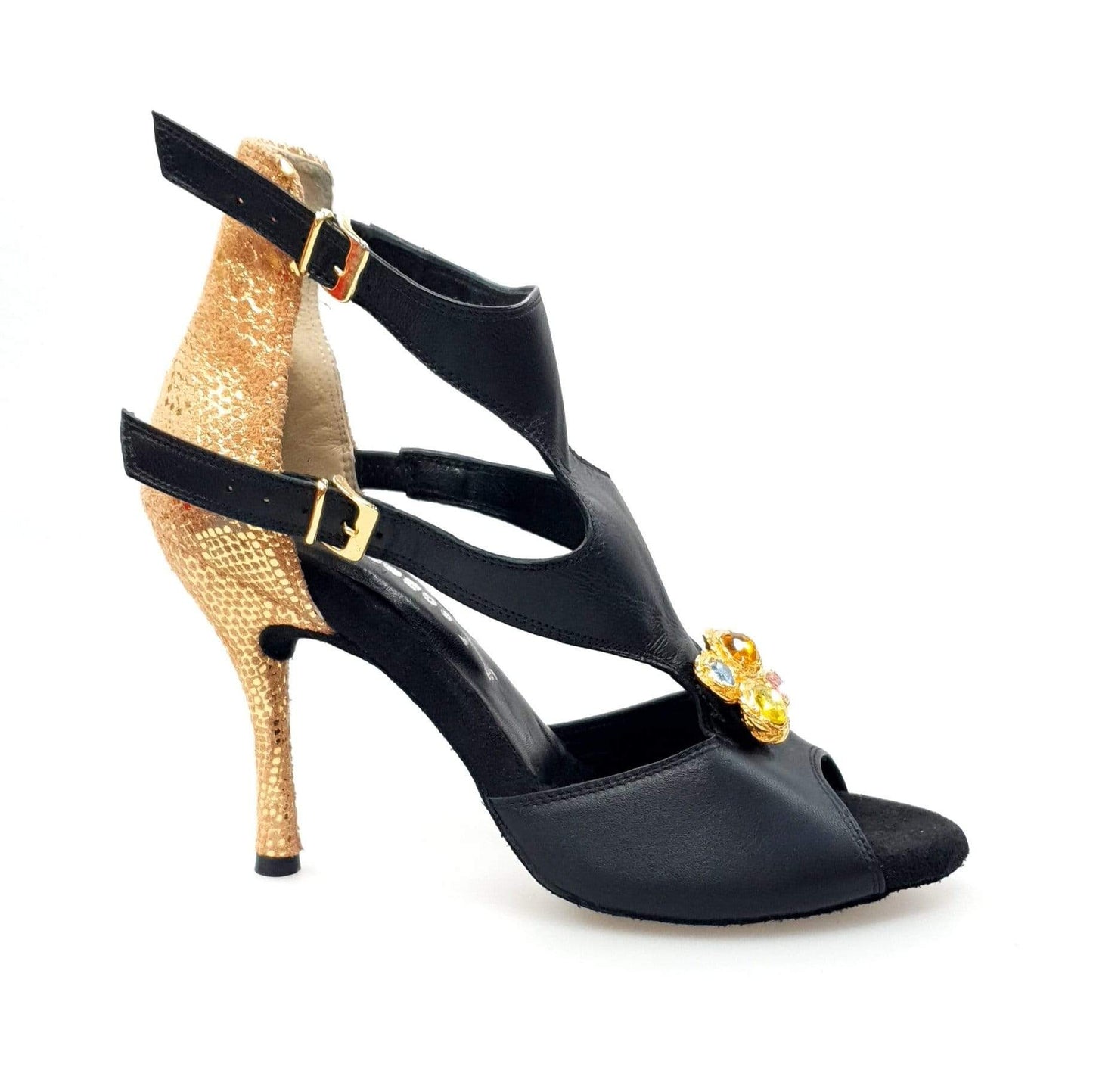 Sandalo donna Anna Outlet in pelle nera con tacco pitonata oro e spilla Swarovski colorata, dettaglio elegante e raffinato