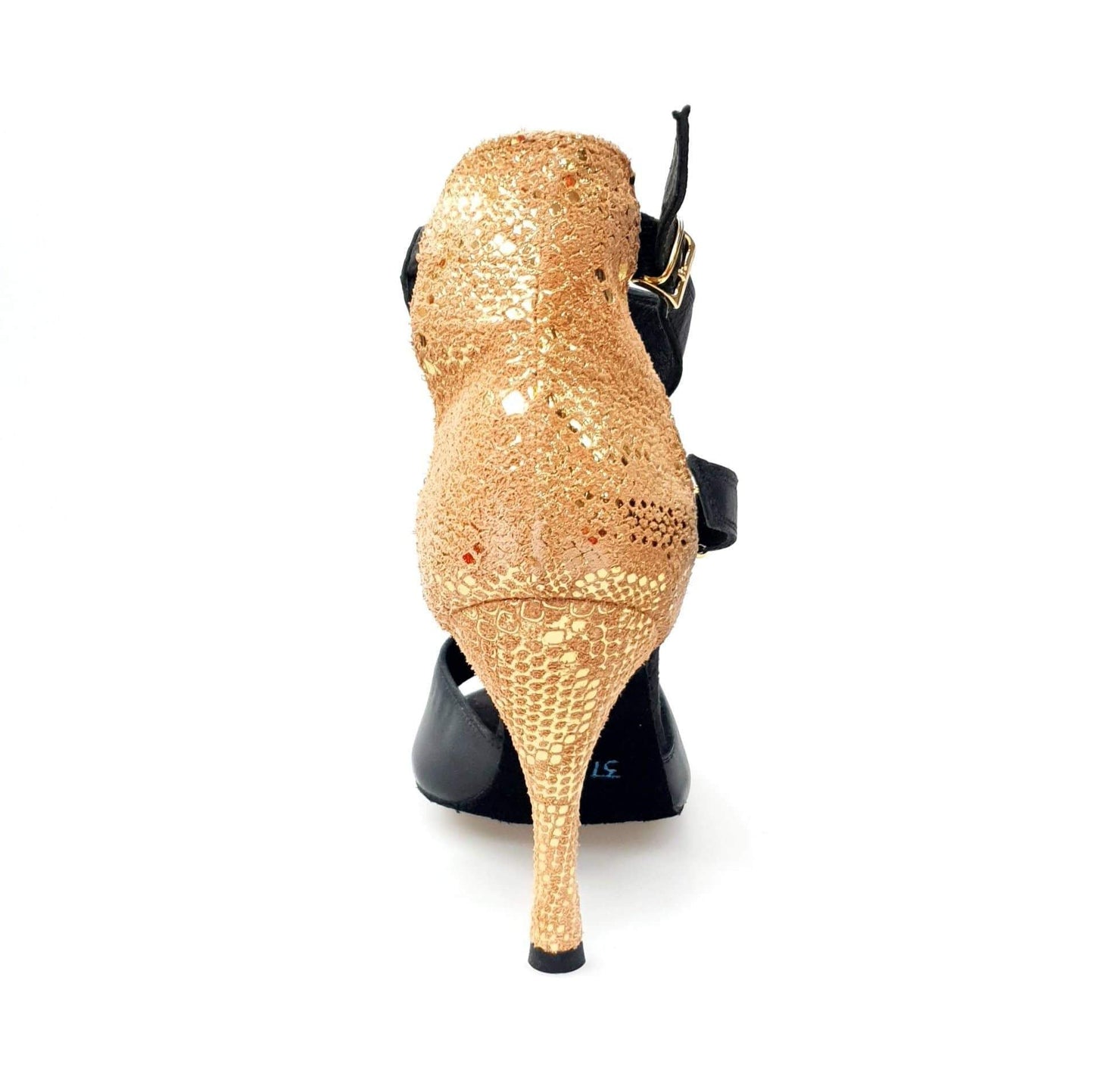 Sandalo donna Outlet Anna in pelle nera con tacco pitonata oro e inserto con spilla Swarovski colorata.