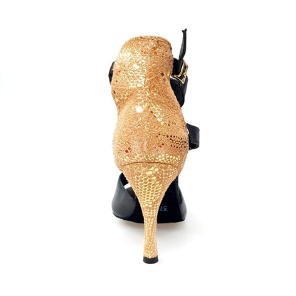 Sandalo donna Outlet Anna in pelle nera con tacco pitonata oro e inserto con spilla Swarovski colorata.